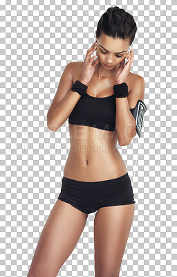 Fitness, woman and standing while listening to music in sportswear on an isolated and transparent png background. Sporty female posing with audio track, slim body or motivation