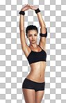 Exercise portrait, music and woman stretching her body listening to radio song for fitness, training or workout. Health, warm up and streaming model on an isolated and transparent png background