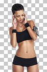 Music, fitness and sports with woman and phone for workout body, health and cardio training. Girl listening to earphones for exercise streaming on an isolated and transparent png background
