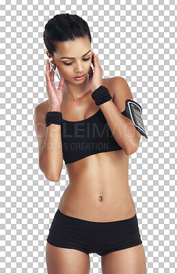 Music, fitness and sports with woman and phone for workout body, health and cardio training. Girl listening to earphones for exercise streaming on an isolated and transparent png background