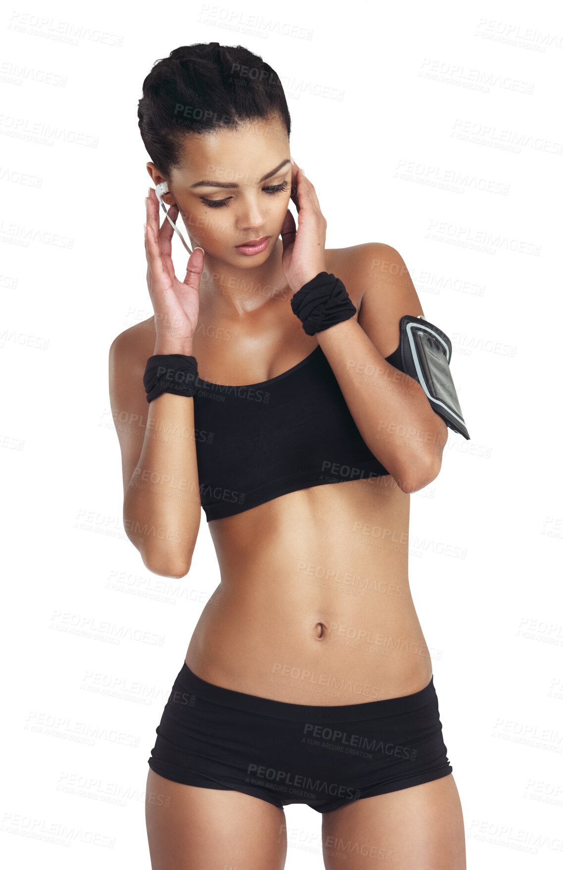 Buy stock photo Sports, girl listening to music with phone and earphones for workout podcast, motivation and focus in gym. Health, exercise and fitness model with audio app isolated on transparent, png background.