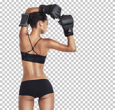 Sports music, boxing and woman ready for exercise fitness body, performance challenge or competition. Health, workout and back of training boxer on an isolated and transparent png background