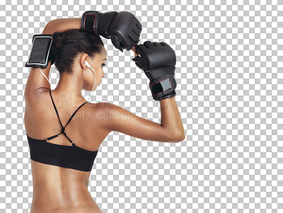 Sports music, boxer and woman ready for exercise fitness body, muscle challenge or competition. Health, boxing workout and back of training girl on an isolated and transparent png background