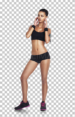 Buy stock photo Music, body and woman in fitness with smartphone, earphones and podcast in gym workout. Health, athlete and sports model training, phone streaming audio app and isolated on transparent png background