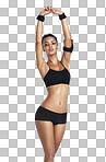 Music, fitness and sports woman and phone for workout body, health and training. Podcast and portrait of girl listening to earphones for exercise and streaming on isolated, transparent png background