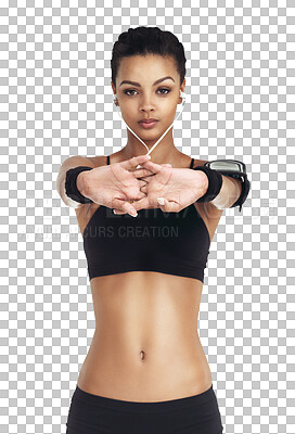 Buy stock photo Fitness, finger stretching and portrait of girl with earphones, workout music for motivation and focus in gym. Health, exercise and sports model with audio app isolated on transparent png background.