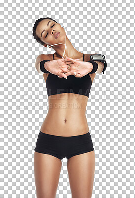 Music, fitness and stretching woman and phone for workout body, health and training. Radio or sports and girl listening to earphones for exercise and streaming on isolated, transparent png background