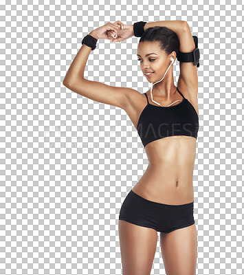 Music, fitness and sports with woman and phone for workout body, health and training. Podcast, radio or girl listening to earphones for exercise and streaming on isolated, transparent png background