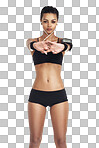 Music, fitness and sports woman and phone for workout body, health and training. Podcast, radio and portrait girl listen on earphones for exercise streaming on isolated, transparent png background
