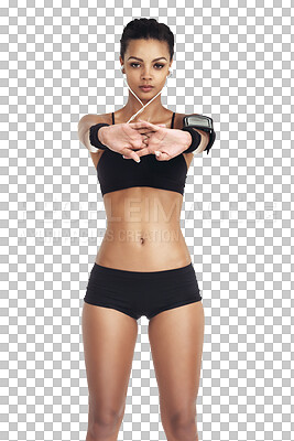 Buy stock photo Fitness, stretch and portrait of woman with earphones, phone and workout music for motivation or focus. Health, exercise warm up and sports model with audio app isolated on transparent png background