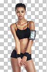 Stretching warm up, music and portrait of woman body listen to sound, podcast or radio song for fitness, training or workout. Cardio health and streaming model on isolated, transparent png background