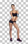 Health fitness, portrait and woman ready for cardio running, performance workout and training for strong body. Wellness model, exercise diet and athlete girl on isolated, transparent png background