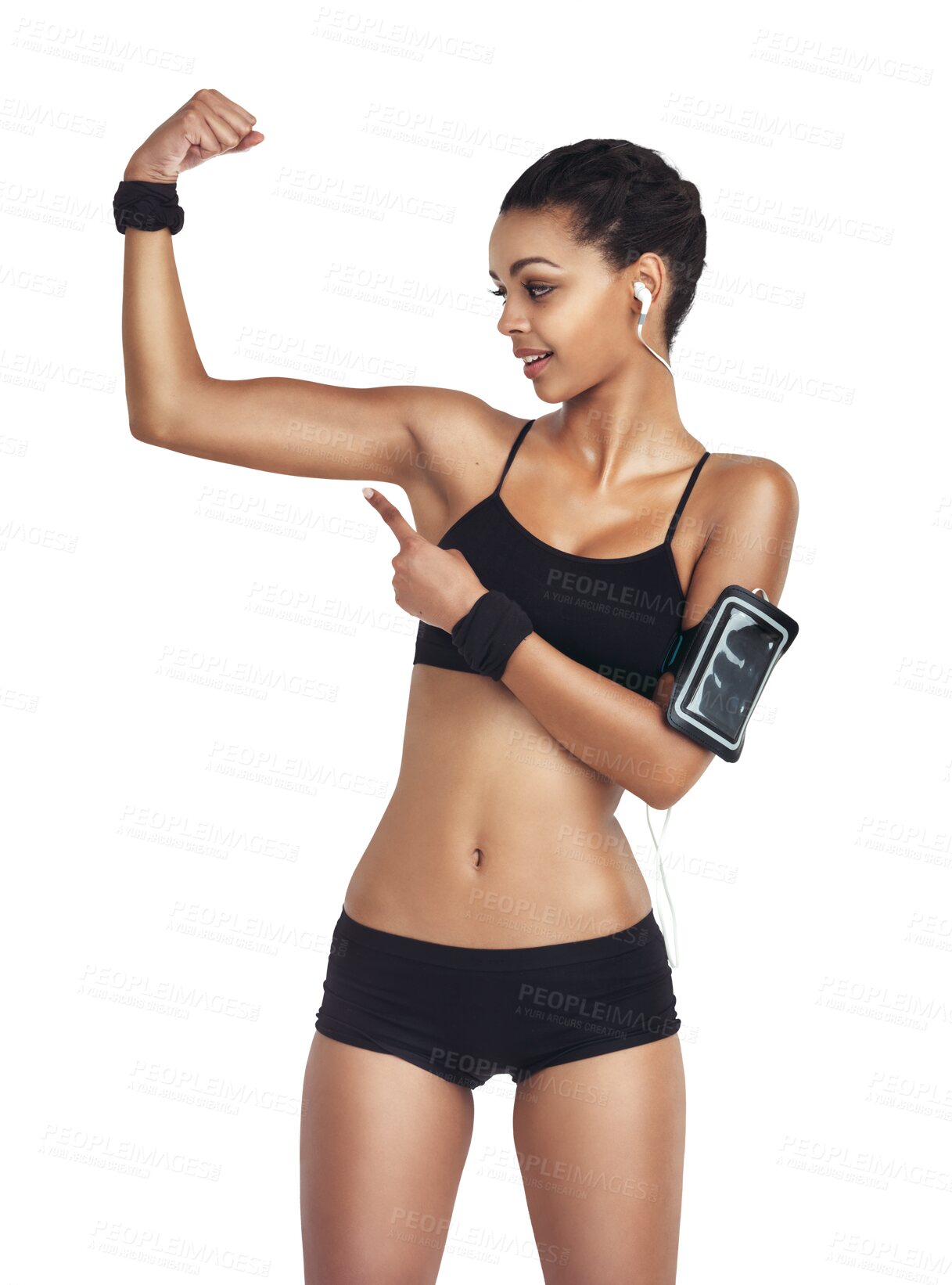 Buy stock photo Flex muscle, fitness and woman isolated on transparent, png background for workout results with phone and music app. Audio tech, smartphone and person show arm for workout, exercise or training goals