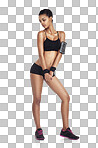 Wellness workout, portrait and woman ready for cardio running, performance exercise and training for strong body. Health model, fitness diet and athlete girl on isolated, transparent png background