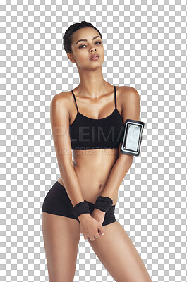 Wellness training, portrait and woman ready for cardio running, performance workout or fitness for strong body. Health model, exercise diet and athlete girl on isolated, transparent png background