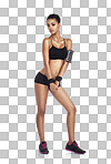 Wellness exercise, portrait and woman ready for cardio running, performance workout and training for strong body. Health model, fitness diet and athlete girl isolated, transparent png background