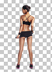 Fitness, training and woman back of body with underwear, and health goals. Exercise, model and sports girl enjoy workout, resistance band and performance on an isolated, transparent png background