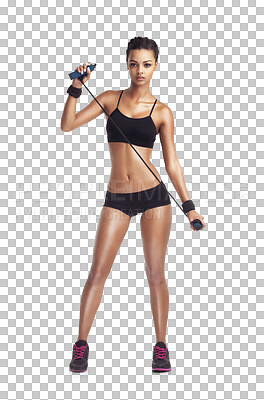 Buy stock photo Fitness, workout and portrait of woman with jump rope on isolated, png and transparent background. Sports, motivation and female athlete focus for training, body builder workout and cardio wellness