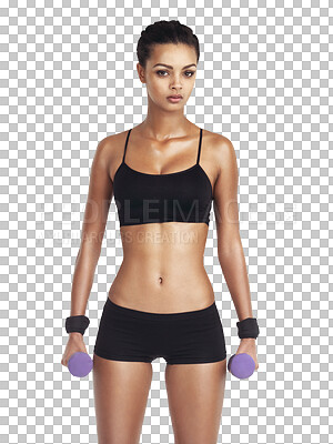 Dumbbells, fitness and body of woman in portrait with training, workout and exercise for health, wellness and goals. Focus and athlete in sports clothes on an isolated and transparent png background