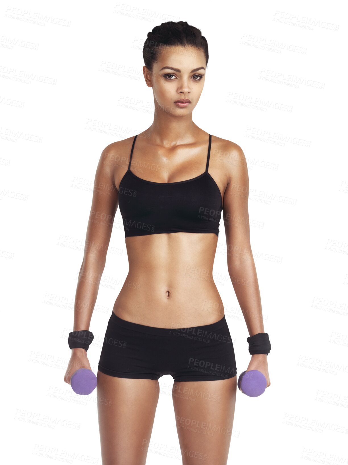 Buy stock photo Body, portrait and woman with dumbbell isolated on a transparent, png background for exercise, training and gym. Bodybuilder, athlete or sports person with workout for stomach or lose weight results