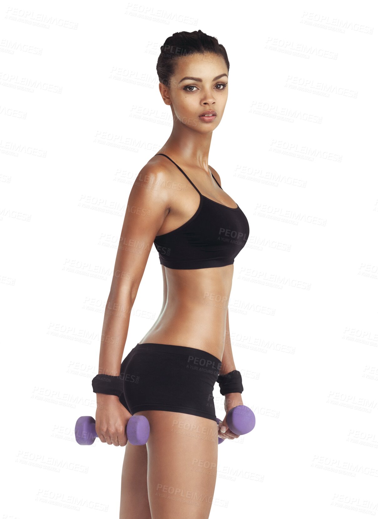 Buy stock photo Portrait, woman and dumbbell fitness focus for weight loss, bodybuilding or cardio. Body, sports workout and a training athlete girl isolated on a transparent png background for sport and strength