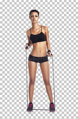 Buy stock photo Fitness, exercise and portrait of woman with skipping rope on isolated, png and transparent background. Sports, motivation and female athlete with focus for training, body workout and cardio wellness