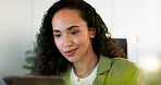 Business woman, face or thinking on computer in digital marketing office, web design studio or advertising branding startup. Zoom, mature ceo or manager on technology for website innovation or ideas