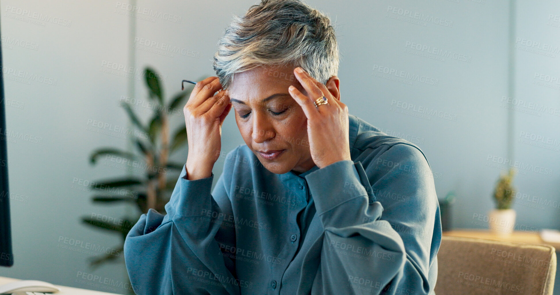 Buy stock photo Headache, pain and business woman with fear due to mistake, depression and anxiety working in a office. Stress, burnout and CEO with migraine or frustrated at work with strain, fatigue and in company