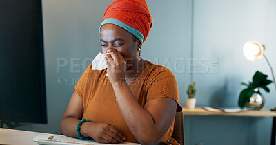 Flu, sick and sneeze business woman blowing nose at night with tissues in office for illness, sinus and allergy risk. Sneezing, allergies and black female working late on computer with health problem