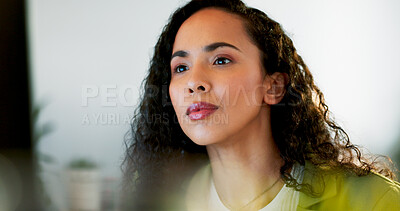 Buy stock photo Computer, reading and business woman in office for digital marketing, website review and online project. Creative agency, worker and person thinking on pc for internet, research and networking