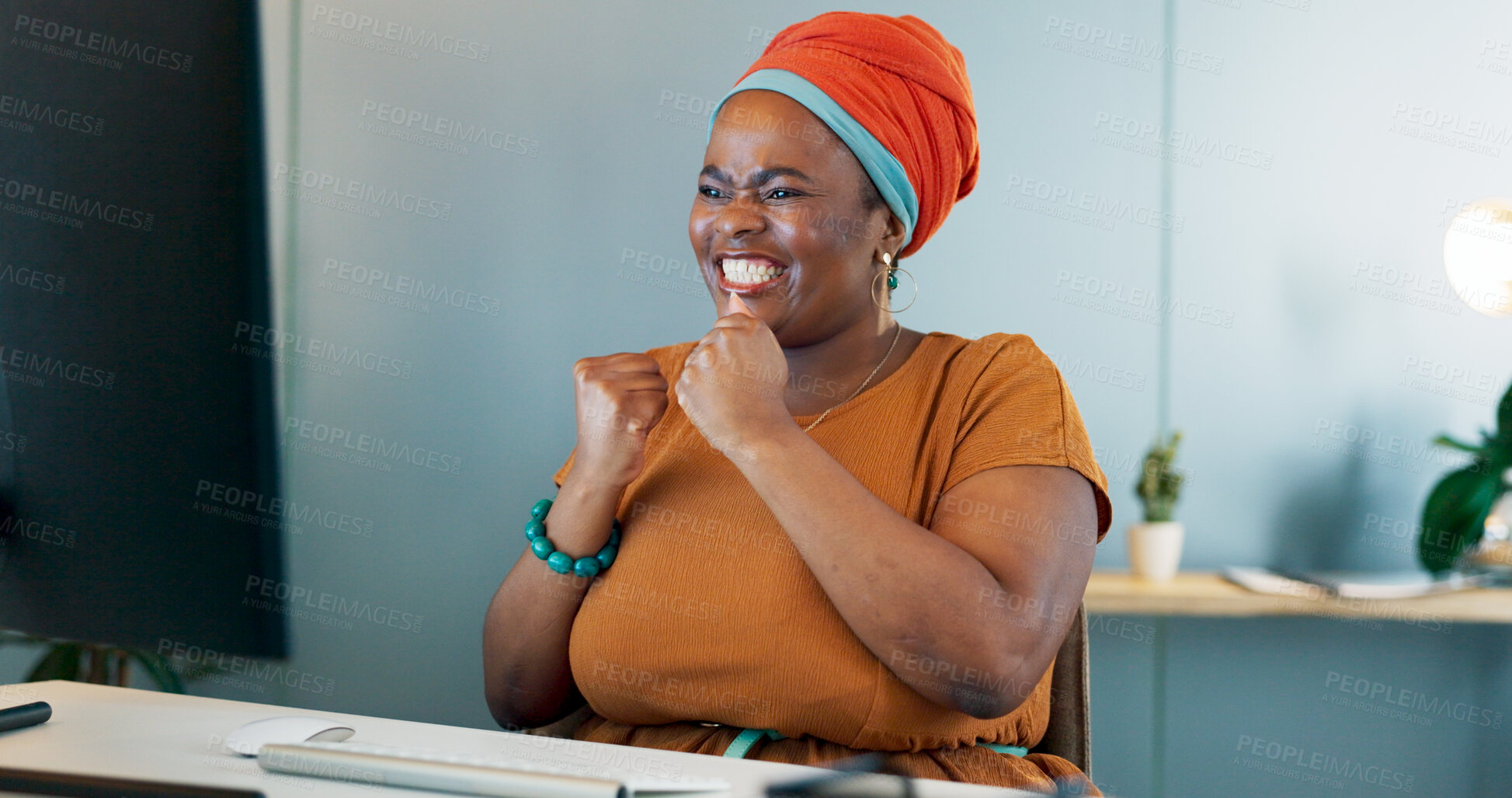 Buy stock photo Business woman, success and winning at computer in office for bonus, promotion and announcement of good news. Happy african employee celebrate deal, profit and cheers for results while working late 