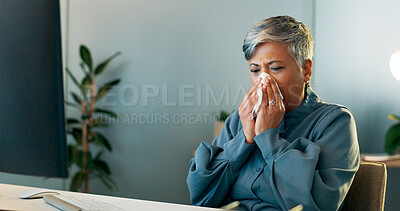 Buy stock photo Sick business woman blowing nose at desk for allergies, virus and working late on computer in office. Mature worker, sneeze and infection of influenza, bacteria or health risk, sinusitis and hayfever