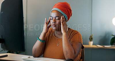 Buy stock photo Business, tired black woman and headache at computer in office with stress, burnout and fatigue while working late. Frustrated african employee at desktop with anxiety, pain of migraine and brain fog