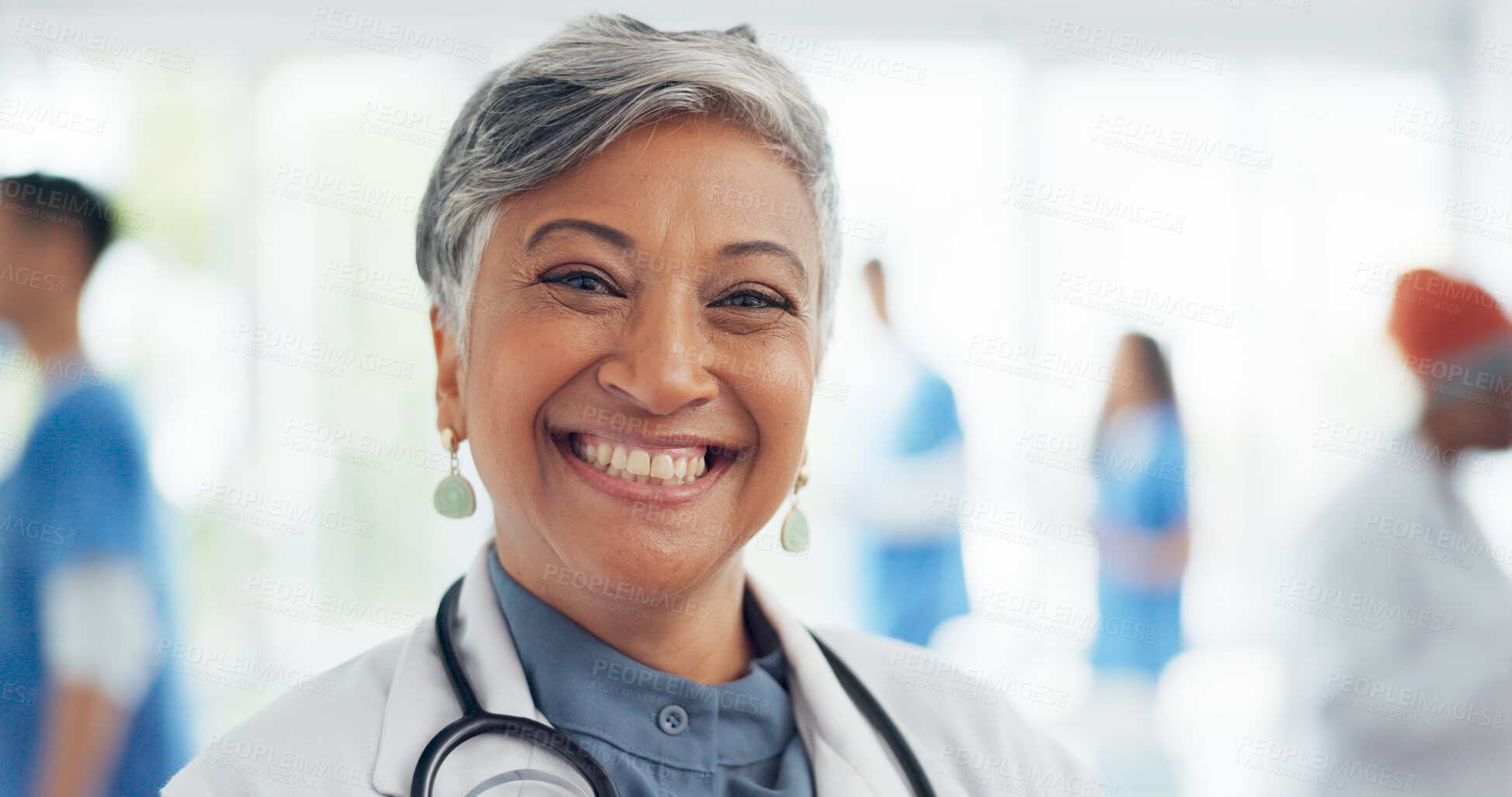 Buy stock photo Portrait, doctor and senior woman smile with confidence in hospital for medical and healthcare work. Professional, job and female worker happy in clinic ready for service and consulting on treatment