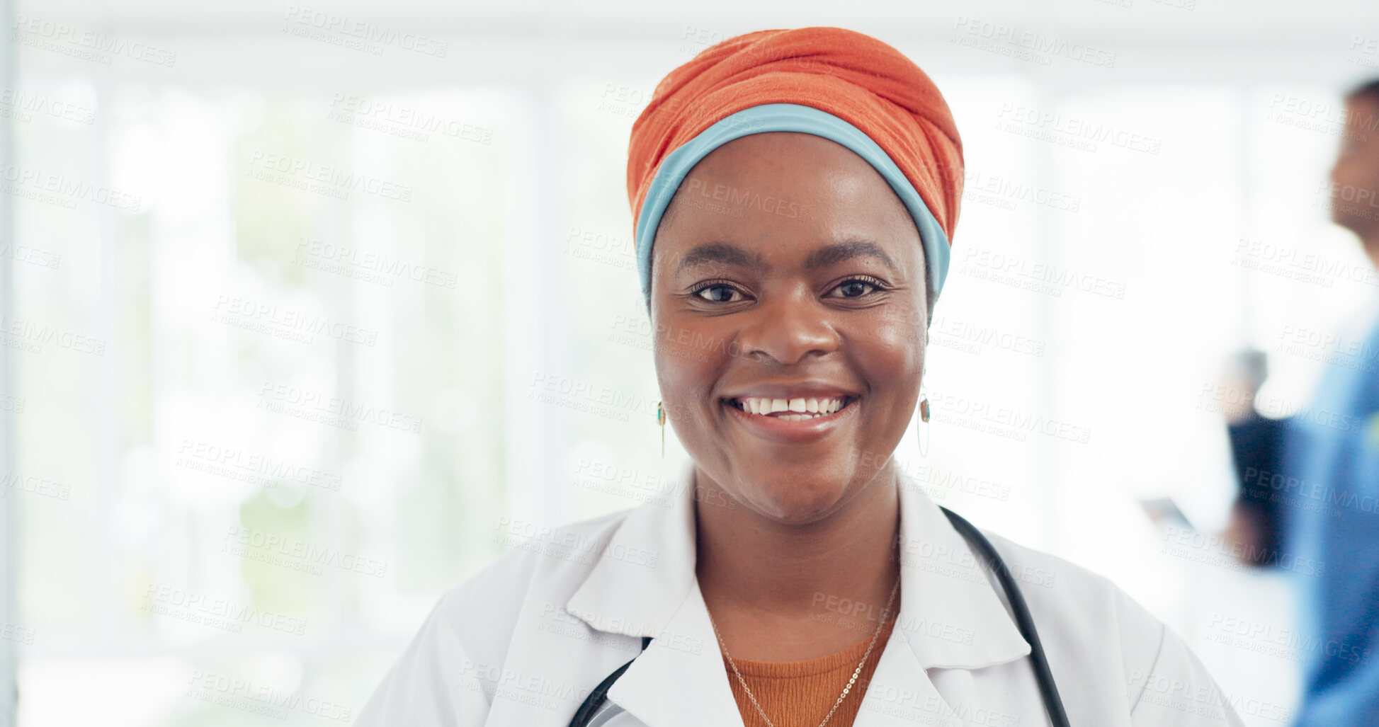 Buy stock photo Portrait, doctor and black woman with confidence in hospital for medical and healthcare work. Professional, job and African female worker happy in clinic ready for service and consulting on treatment