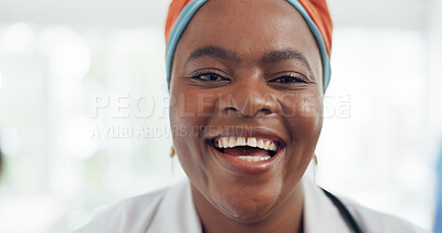 Buy stock photo Portrait, doctor and black woman closeup with laughing in hospital for medical and healthcare work. Professional, job and African female worker happy in clinic ready for service and consulting