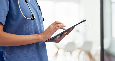 Buy stock photo Woman, doctor and hands with tablet in research, Telehealth or communication at hospital. Closeup of female person, nurse or medical healthcare worker on technology for online search or networking