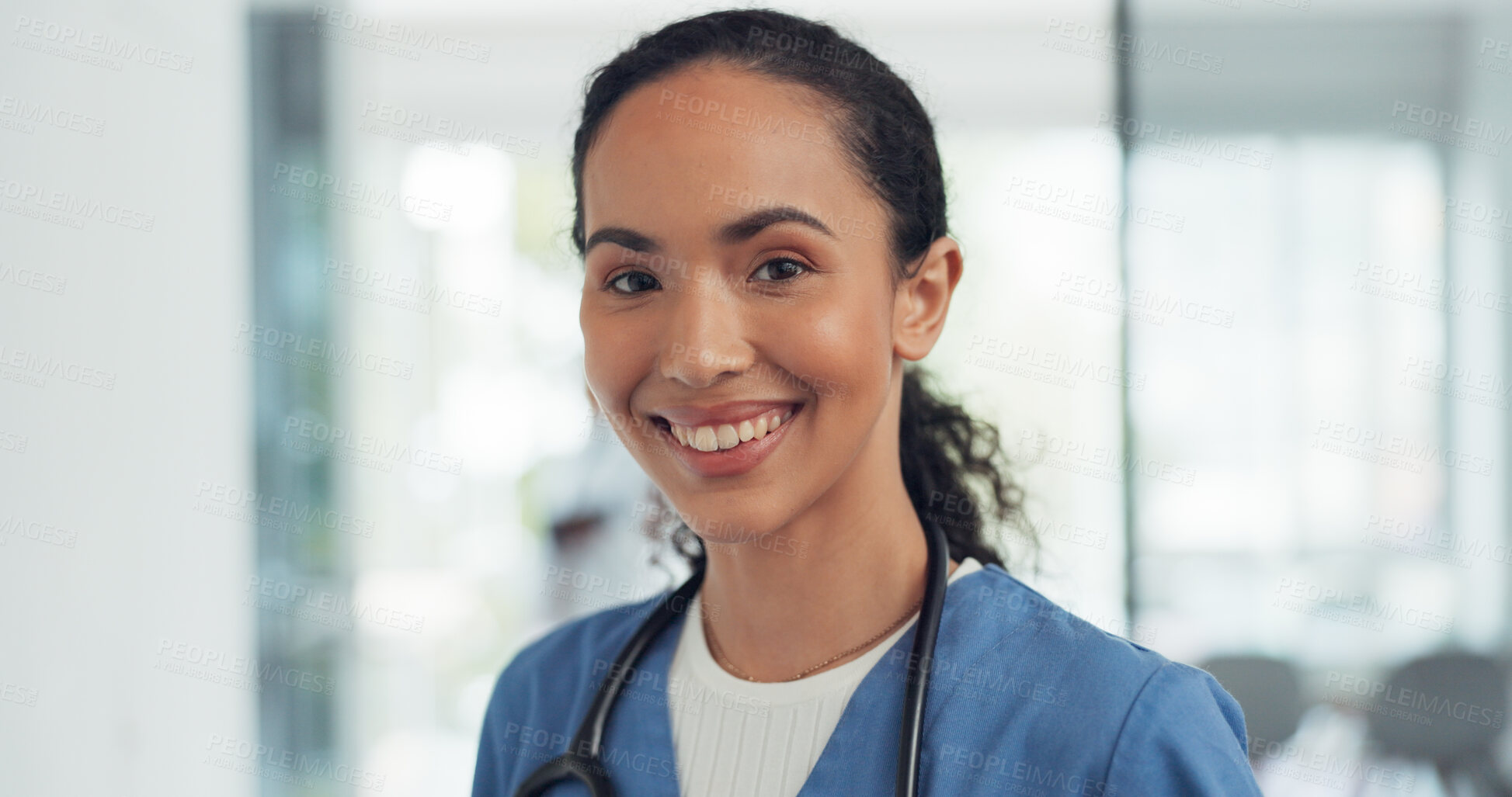 Buy stock photo Face, happy nurse and woman in hospital, healthcare clinic and wellness in career. Portrait, smile and medical professional, surgeon or confident employee, expert in scrubs and worker from Brazil