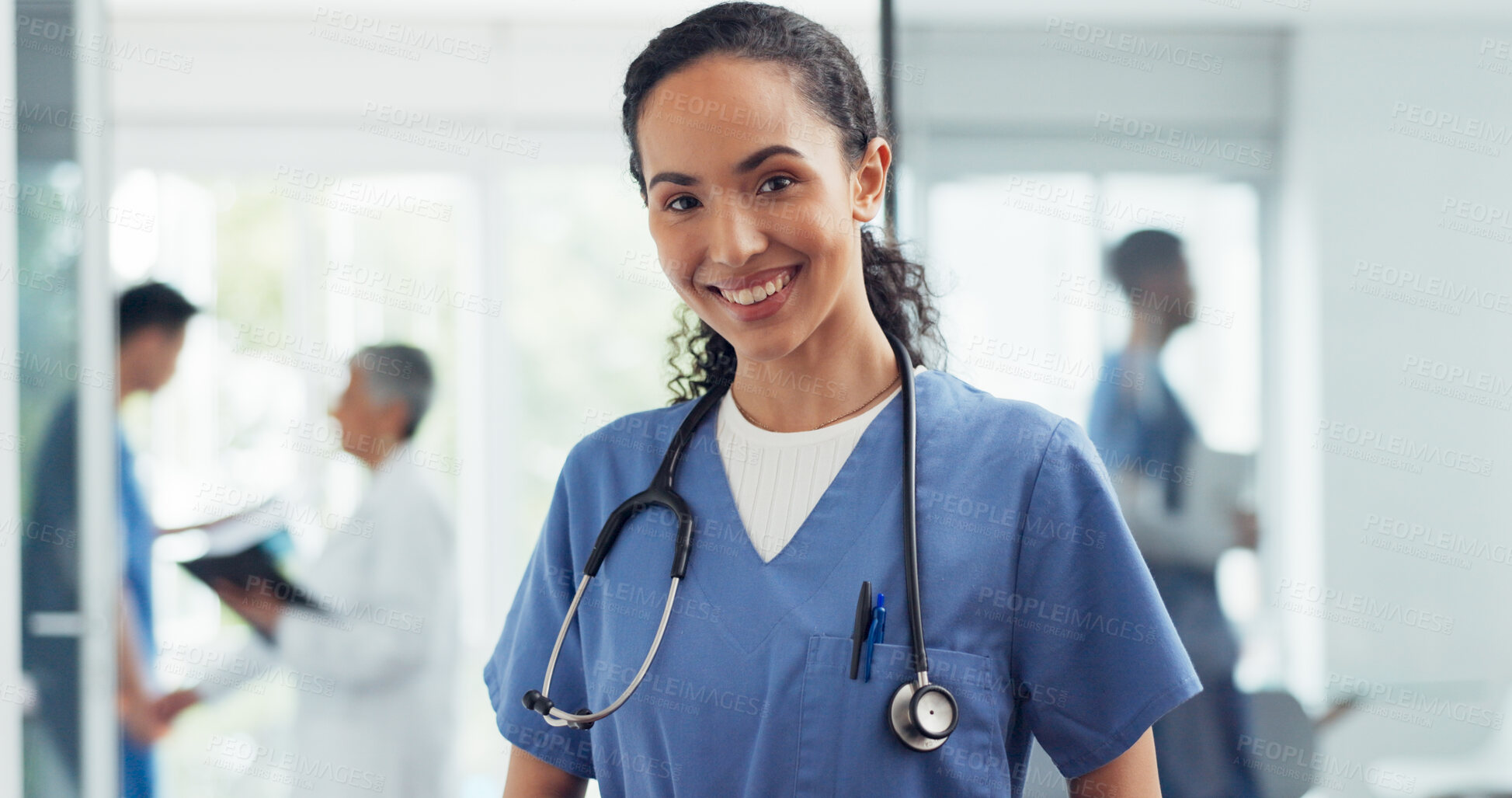 Buy stock photo Happy woman, doctor and face of healthcare employee in career ambition, leadership or management at hospital. Portrait of female person, nurse or medical professional smile in happiness at clinic