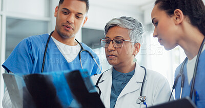 Buy stock photo Doctor, x ray and teamwork with a woman surgeon, conversation and diagnosis in a hospital. Medical, staff and healthcare with professional training, check results or interns in a clinic with feedback