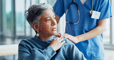 Buy stock photo Senior woman, nurse and patient with injury, consultation or healthcare in recovery or physiotherapy at hospital. Mature female person with shoulder pain, doctor or caregiver in health advice or help