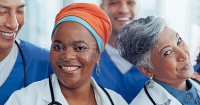 Buy stock photo Portrait, doctor team and happy staff with teamwork in hospital for medical and healthcare work. Professional, job and collaboration of group smile in clinic ready for service and health consulting