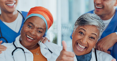 Buy stock photo Portrait, doctor team and excited thumbs up with teamwork in hospital for medical and healthcare. Professional, job and collaboration of group smile in clinic ready for service and health motivation