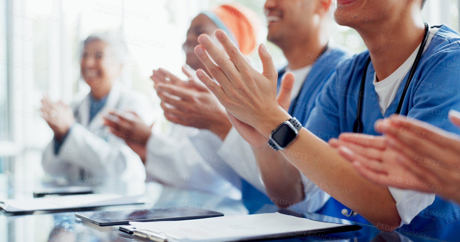 Buy stock photo Doctor, hands and applause in healthcare, meeting or presentation for good job or thank you at hospital. Closeup of people or medical group clapping in team building workshop, conference or training