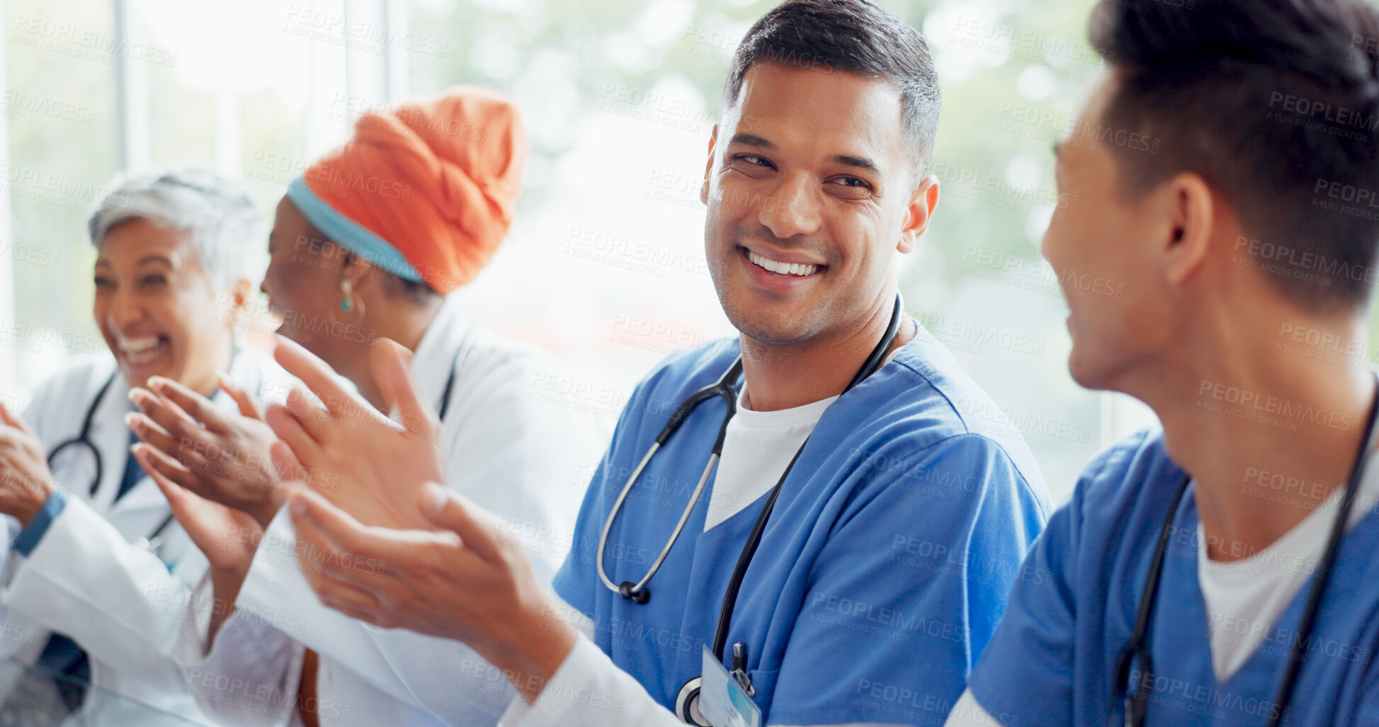 Buy stock photo Happy man, doctor and applause in healthcare, meeting or presentation for good job or thank you at hospital. Male person or medical group clapping with smile in team workshop, conference or training