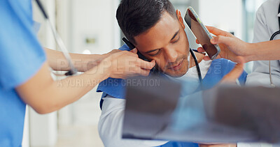 Buy stock photo Busy doctor, stress and burnout in hospital, multitask and overworked in clinic. Anxiety, chaos and medical professional overwhelmed in healthcare on phone call, time management and workflow pressure