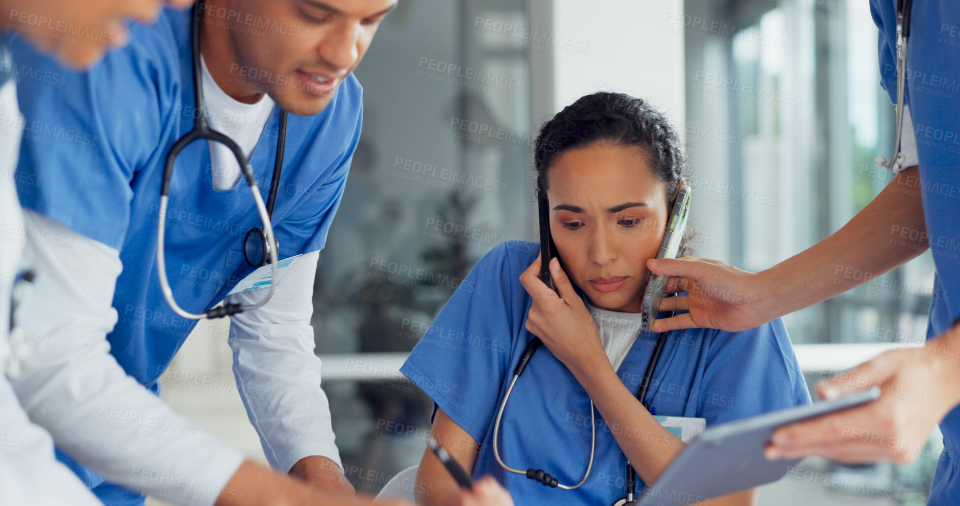 Buy stock photo Woman, doctor and phone call in chaos, overworked or multi tasking in anxiety or stress at hospital. Tired female person, medical nurse or busy healthcare worker in burnout or communication at clinic