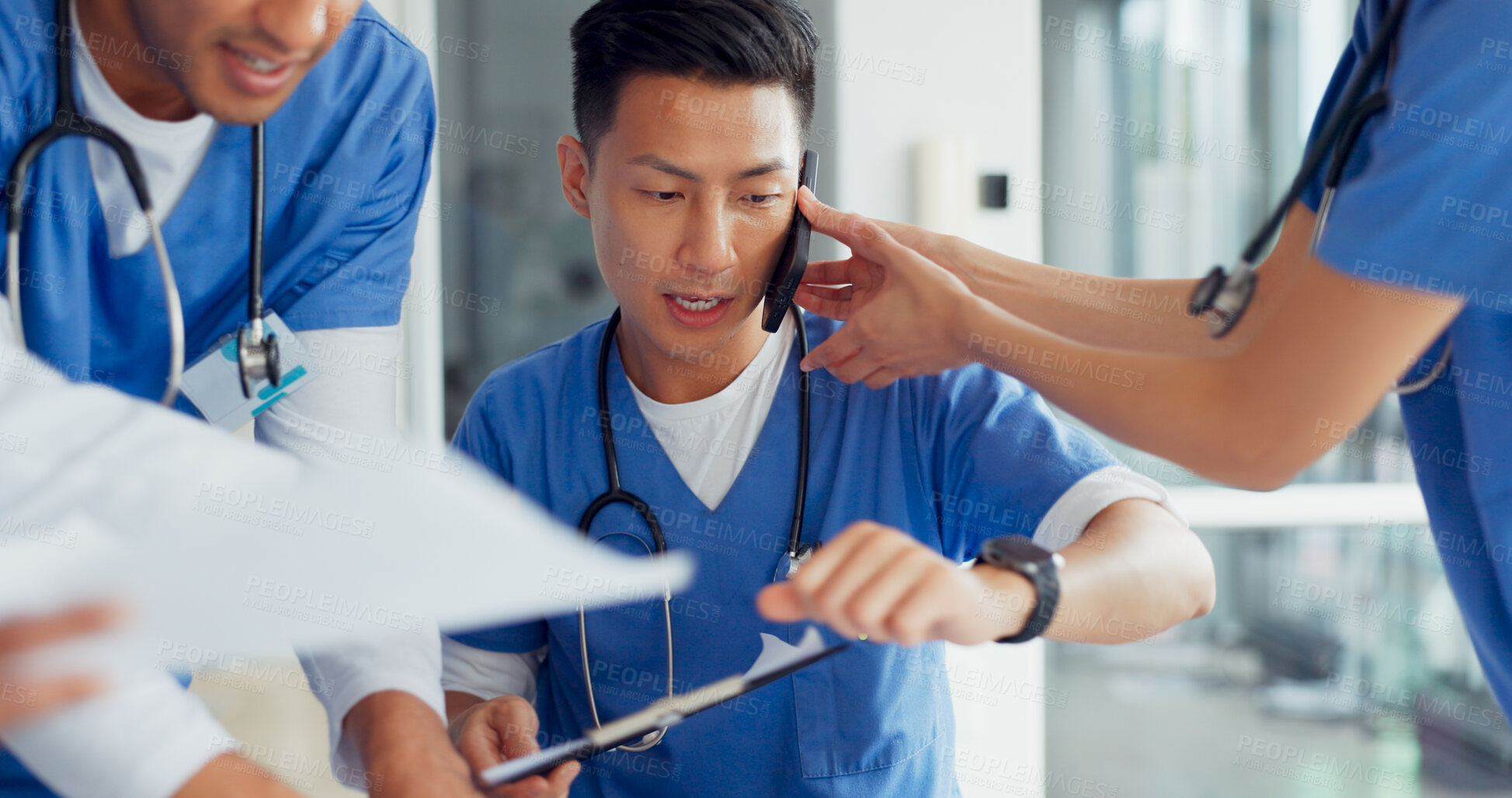 Buy stock photo Man, doctor and phone call in chaos, overworked or multi tasking in anxiety or stress at hospital. Tired male person, medical nurse or busy healthcare worker in burnout or communication at clinic