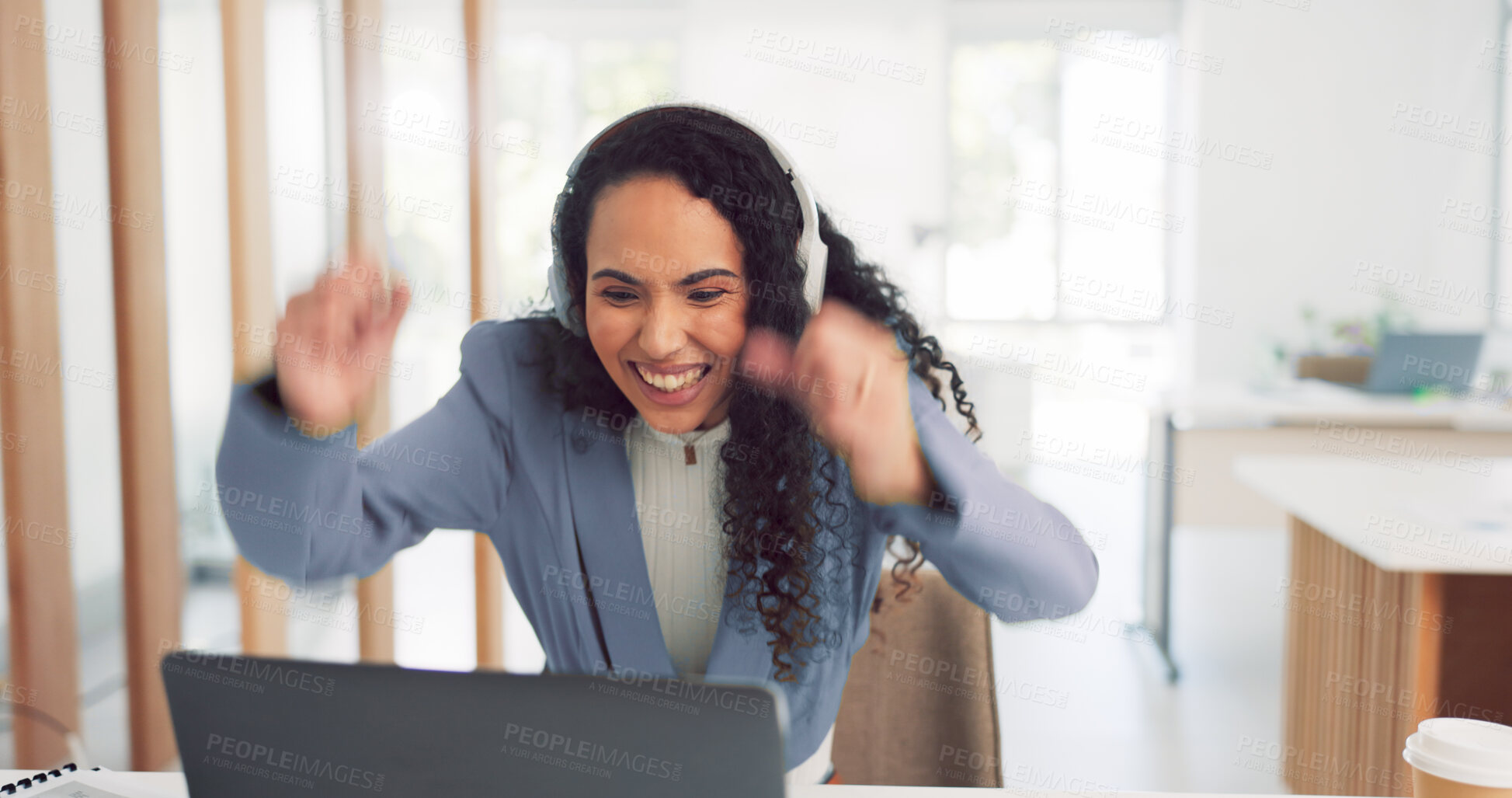 Buy stock photo Laptop, video call and a winner business woman in her office with a reaction to the good news of a bonus or promotion. Computer, success and virtual meeting with an excited young employee at work