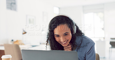 Buy stock photo Video call, communication and a business woman at her desk for conversation, discussion or b2b networking. Technology, success and a happy young female employee using a laptop for virtual planning